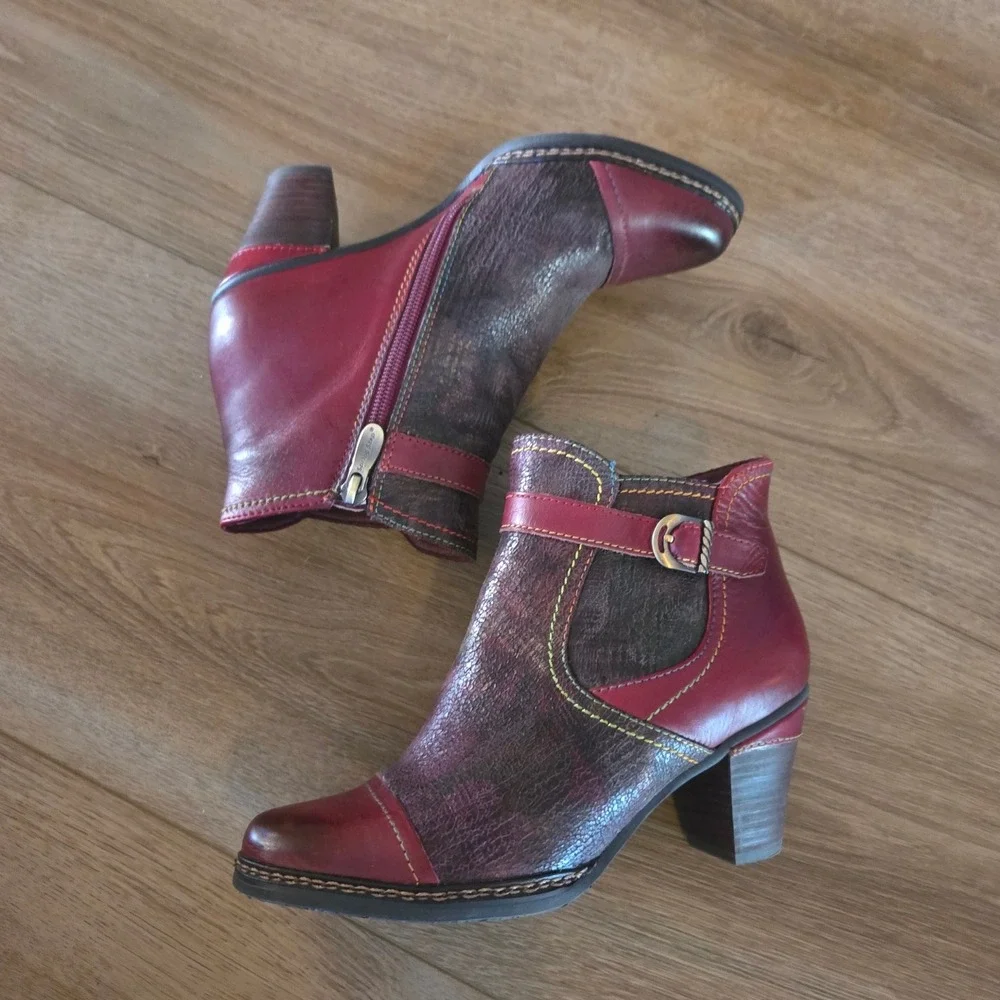 L Artiste Spring Step‎ Women's Burgundy Leather Ankle Boots Size 37 Wedge Heel